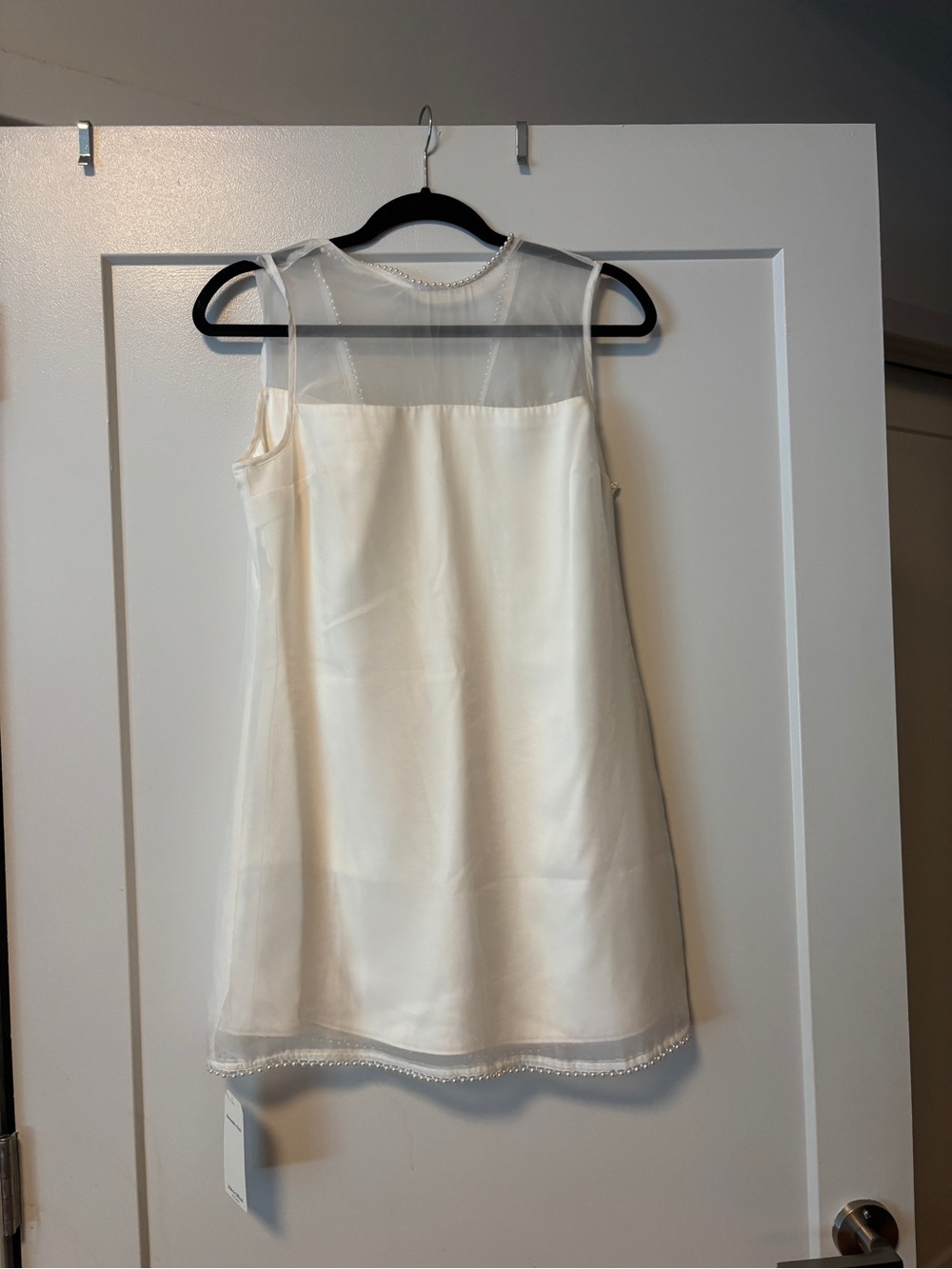 Sheer Yoke Ivory Shift Dress with Pearl Trim